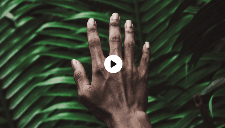Fingers spread in front of leaves